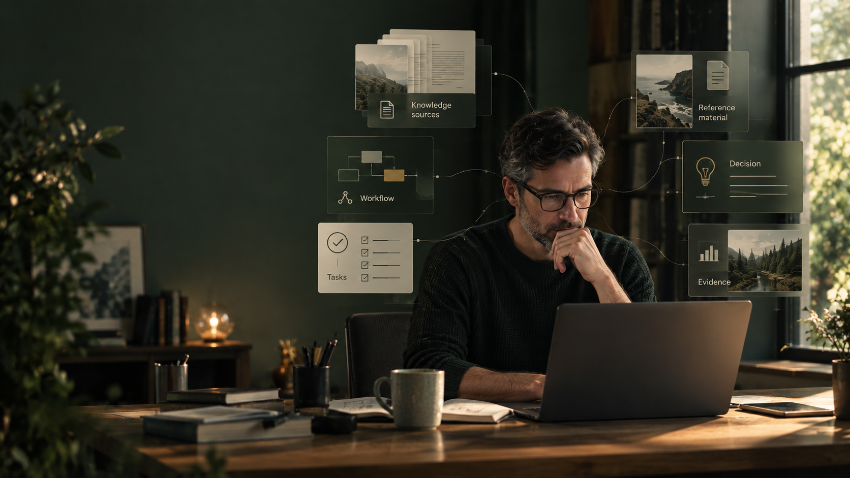 AI-Augmented Work Environment showing knowledge, context, workflow, decisions and evidence around the work