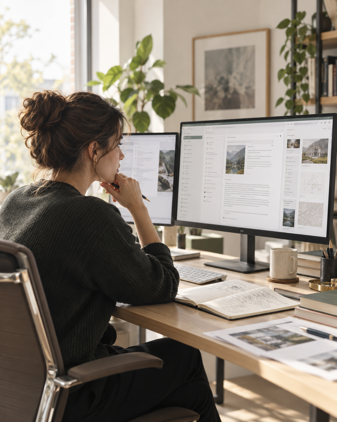 Knowledge worker using multiple screens, notes and reference material in a real working environment