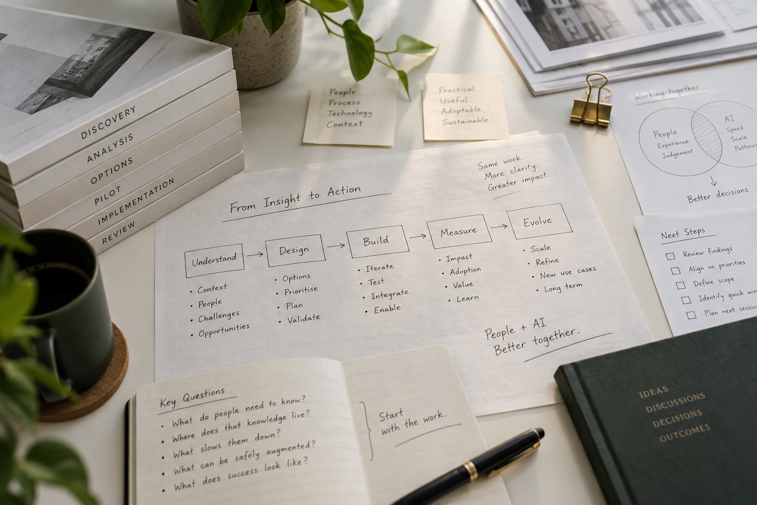 Working materials, notes and process sketches used to shape an AI-augmented work engagement