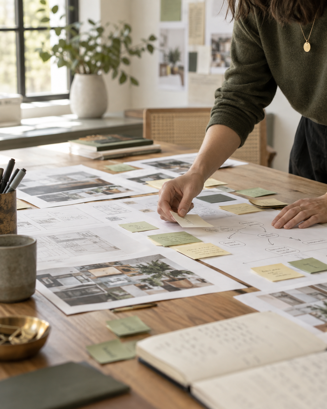 Discovery workspace with notes, process sketches and working materials being organised around the work